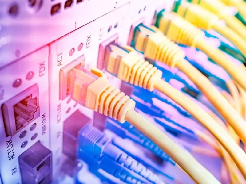 Yellow Ethernet patch cables plugged into switch ports under pink and blue light