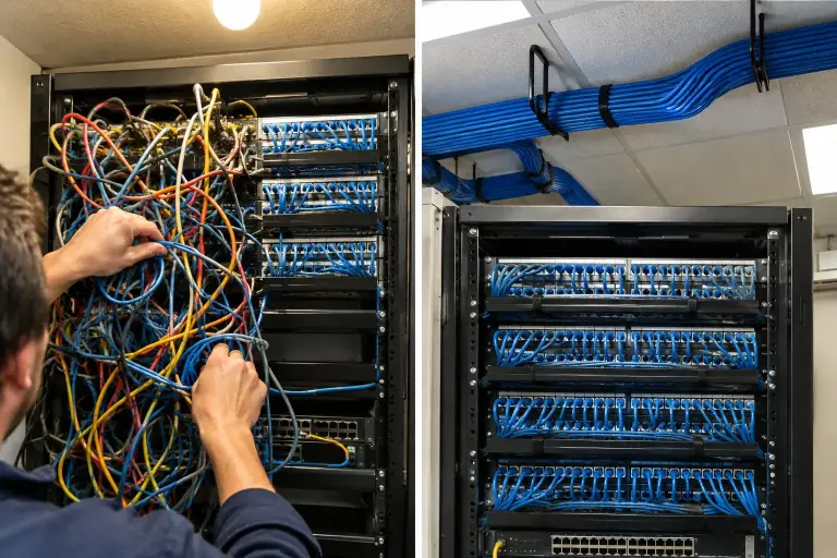 Hands tidying a tangle of patch cords in a cramped office network closet