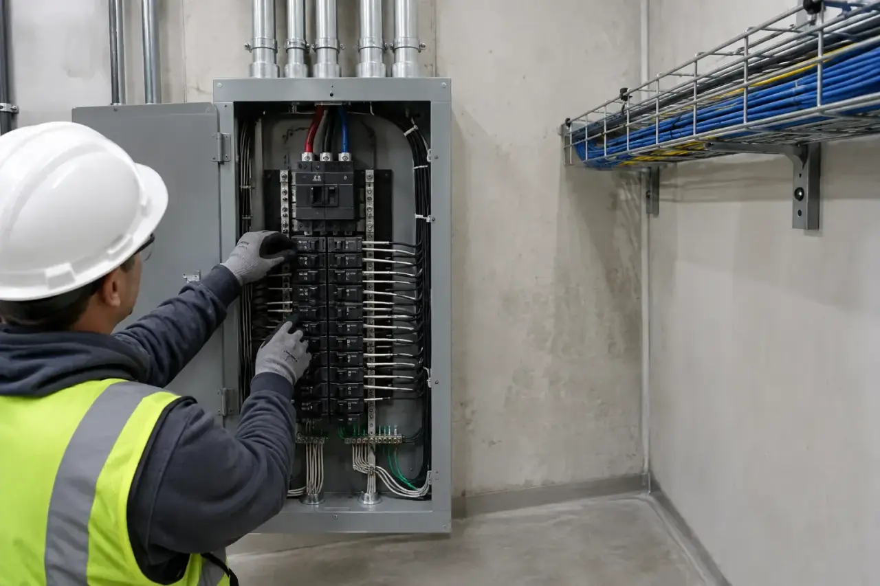 Electrician's gloved hands working in a neatly wired commercial subpanel