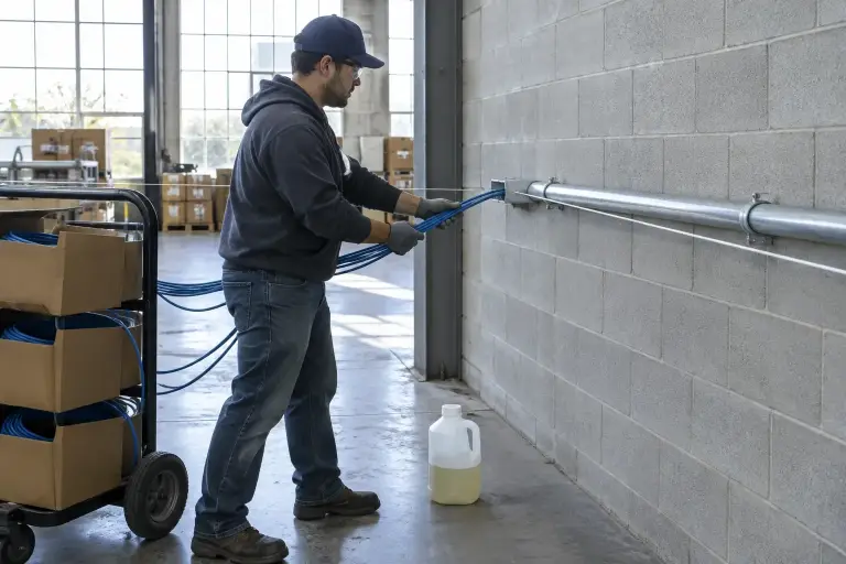 Technician feeding several cables from a caddy into galvanized conduit on a wall