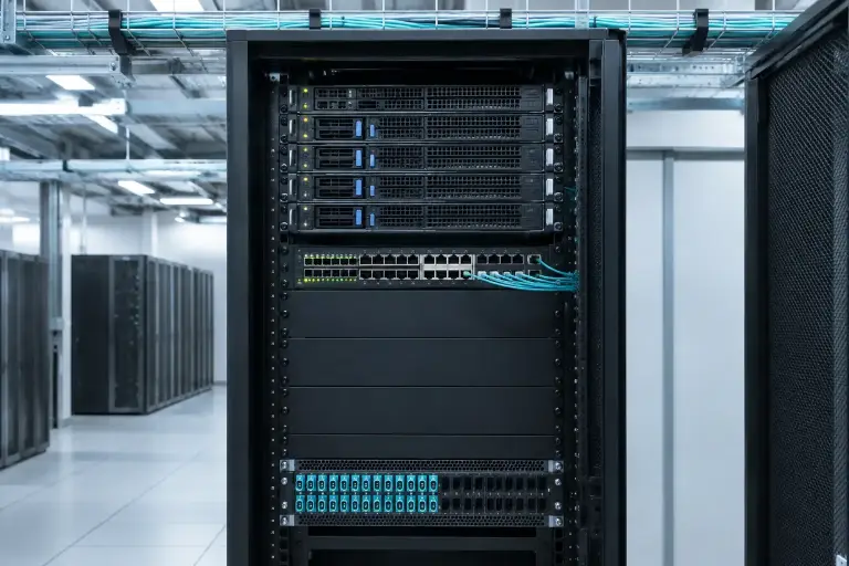 Server cabinet half filled with servers and blank panels showing room to grow