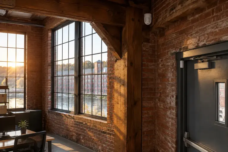 Motion sensor in the corner of a brick mill warehouse with a door contact
