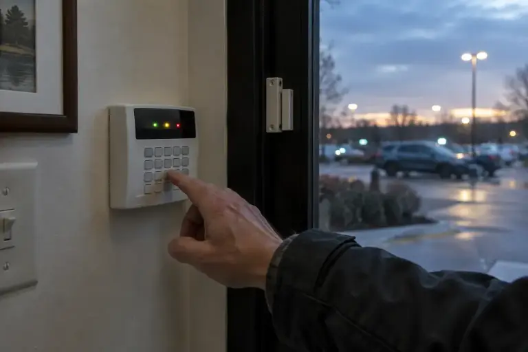 Hand pressing an alarm keypad by an office entrance at dusk