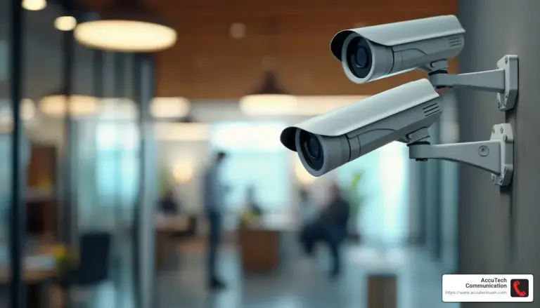 Two bullet security cameras on wall arms overlooking a blurred office lobby