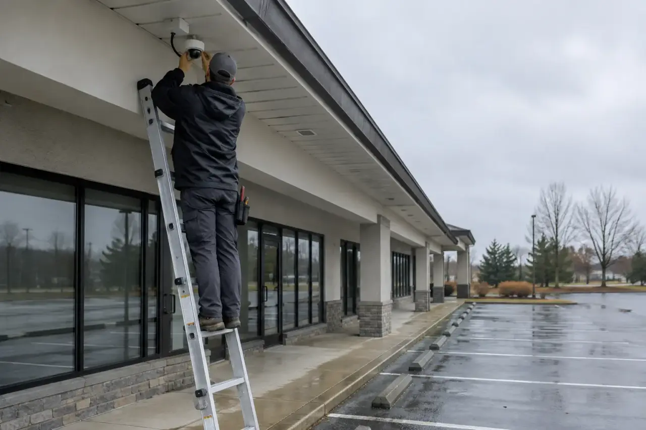 Technician on a ladder installing a dome camera under a retail building soffit