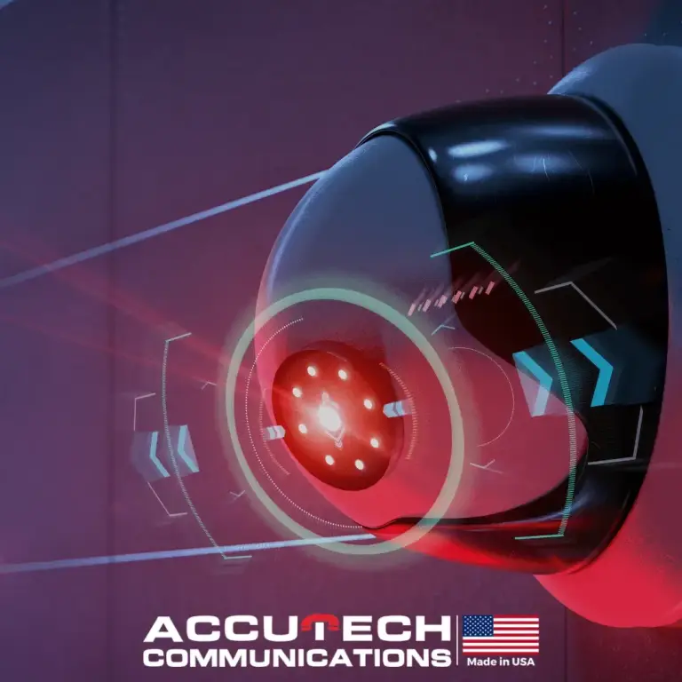 Close view of a dome camera with glowing red infrared lights and digital overlay graphics