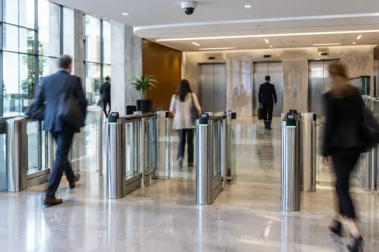 Office lobby with card-reader entry turnstiles and a ceiling dome camera