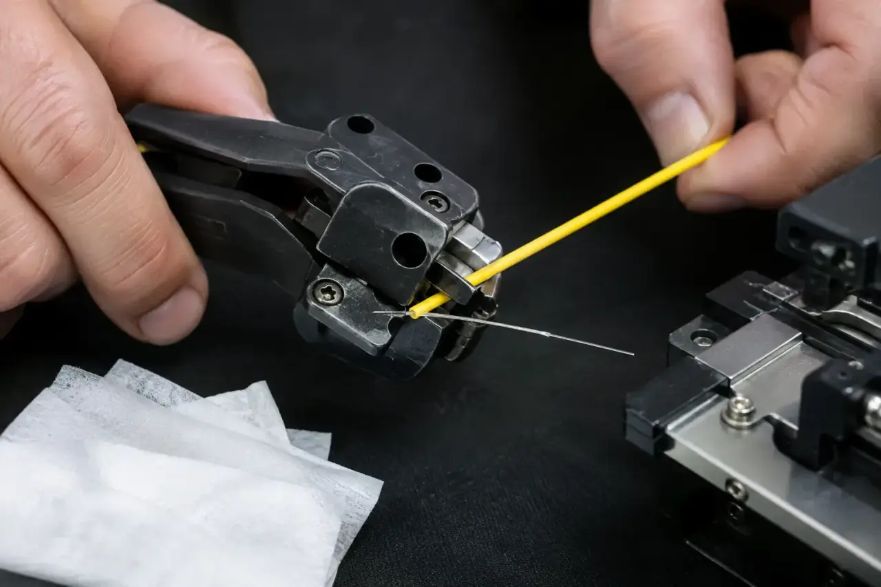 Fingers stripping the coating from a yellow fiber to expose bare glass