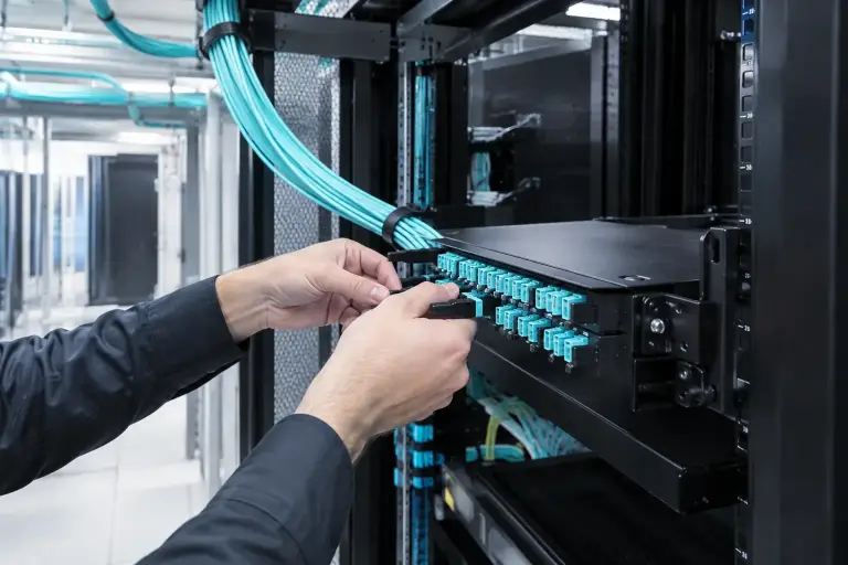 Hands plugging a pre-terminated fiber trunk into a high-density fiber cassette