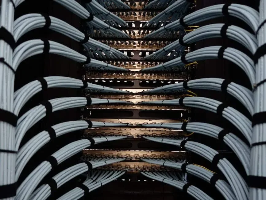 Symmetrical rows of light gray cable bundles dressed into patch panels with black straps