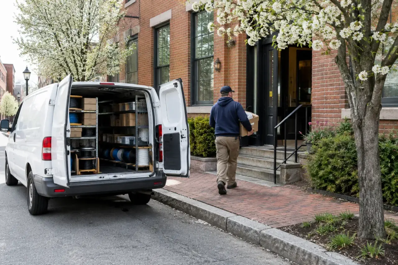Technician carrying cable from an unmarked work van to a brick office building