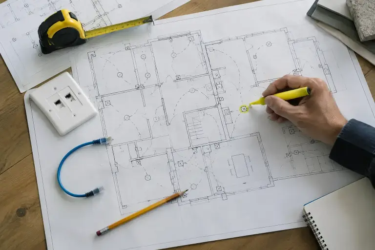 Floor plans on a table with a faceplate sample, tape measure and highlighter