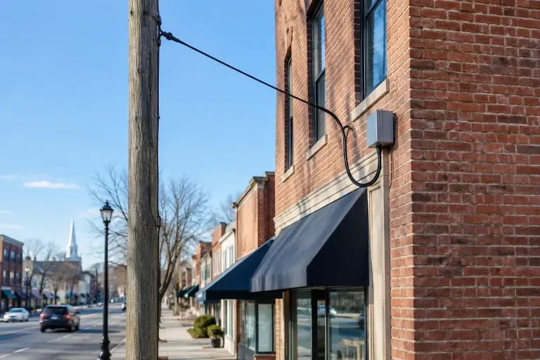 Fiber drop cable from a utility pole to a small fiber box on a brick building