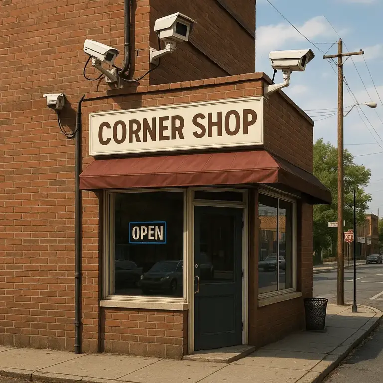 Brick corner shop with several bullet security cameras mounted on its outside walls