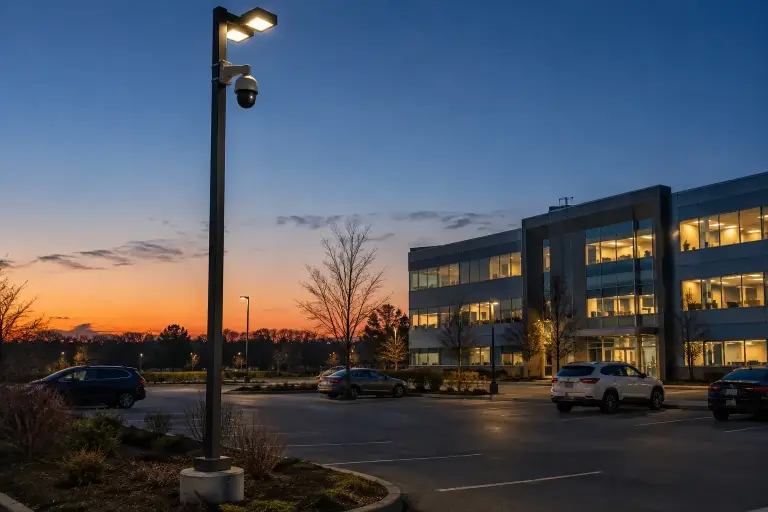 Pan tilt zoom camera on a light pole over an office parking lot at dusk