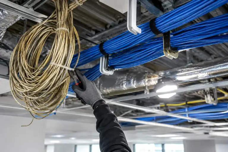 New blue cable bundles on J-hooks beside old beige cable being removed