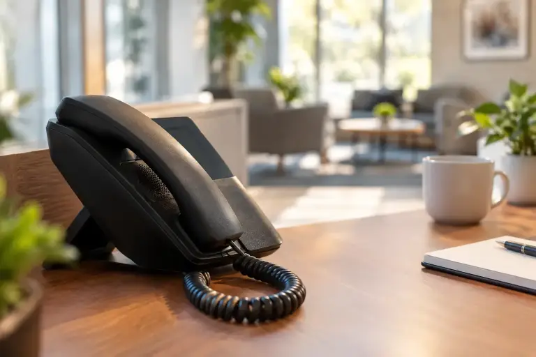 Desk IP phone with a corded handset on a reception desk