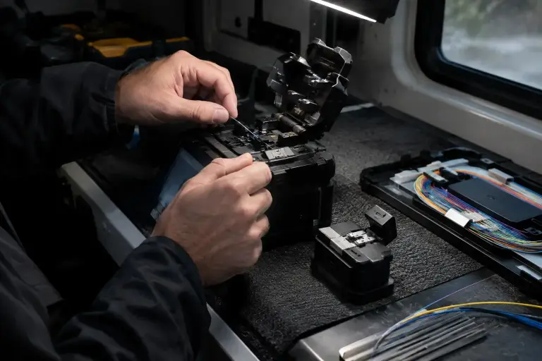 Hands loading a fiber into a fusion splicer on a padded bench