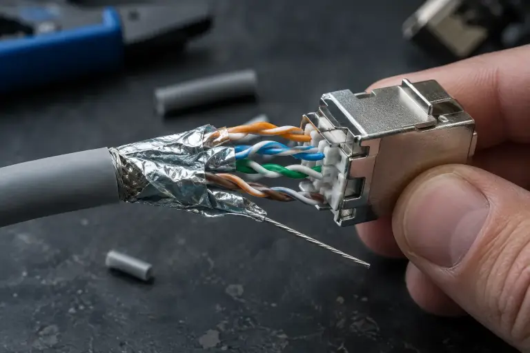 Shielded network cable with foil pairs being terminated into a metal jack