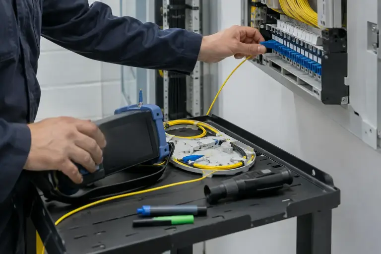 Hands connecting an OTDR launch cable to a fiber panel port