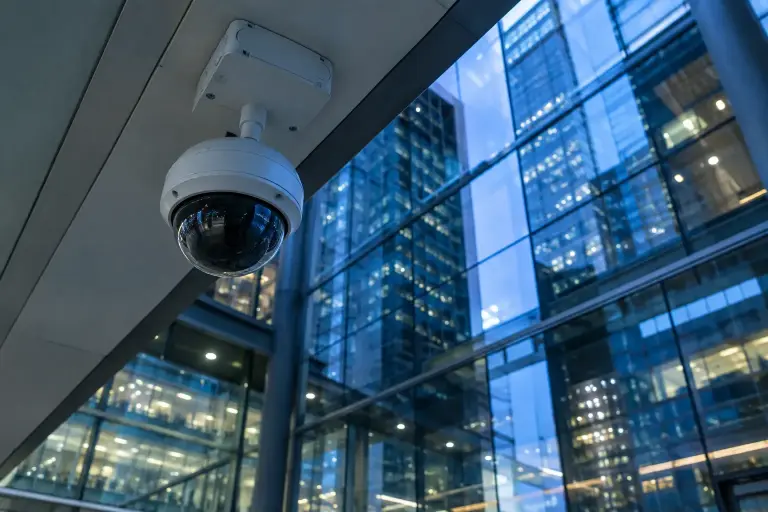 White dome camera with junction box on the ceiling of a glass office atrium