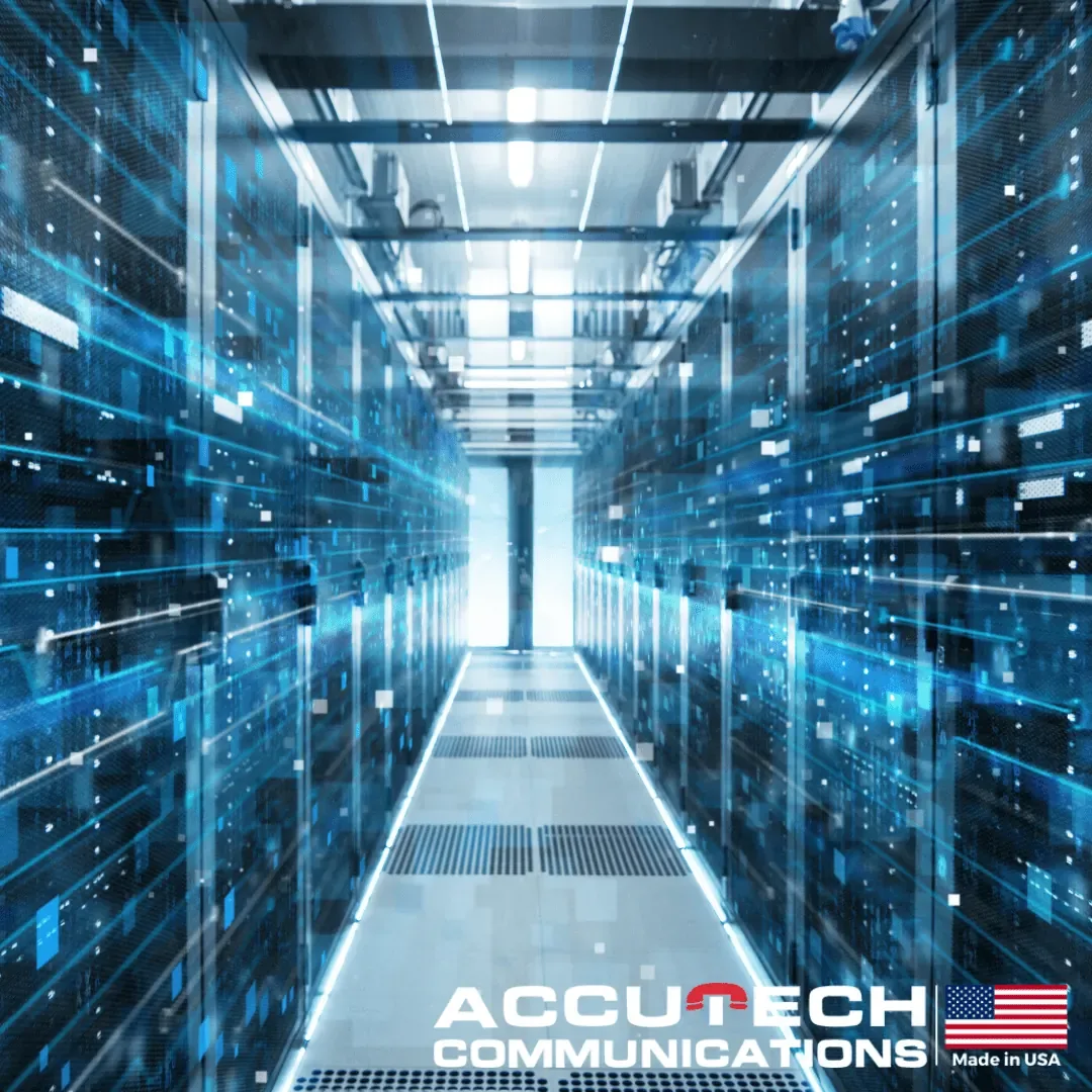 Data center aisle between server racks overlaid with streaking blue light effects