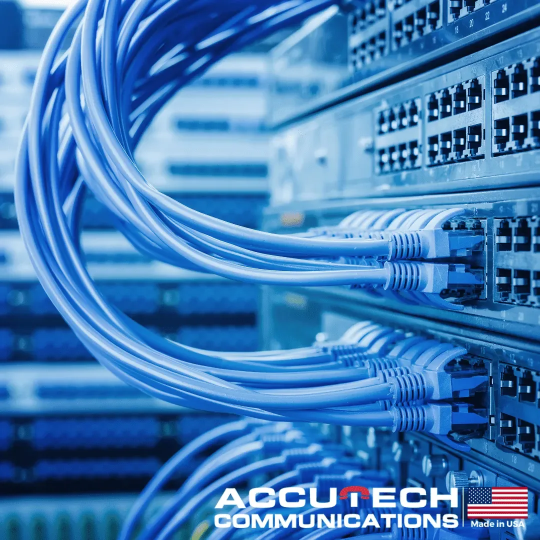 Blue patch cables plugged into rows of ports on rack-mounted network switches