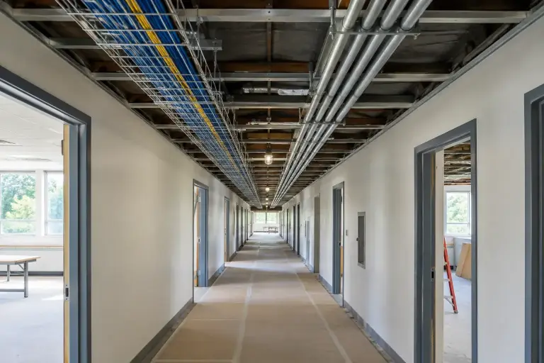 Cable tray running the length of an open school hallway ceiling beside conduit
