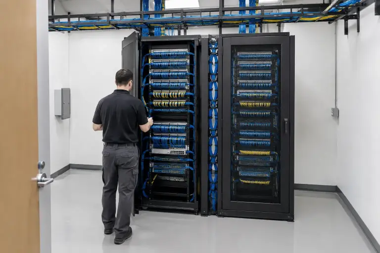 Finished telecom room with fully dressed racks and overhead ladder rack