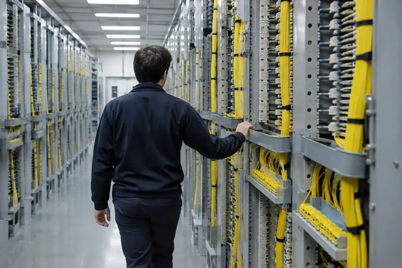 Engineer walking along rows of fiber distribution frames with yellow jumpers