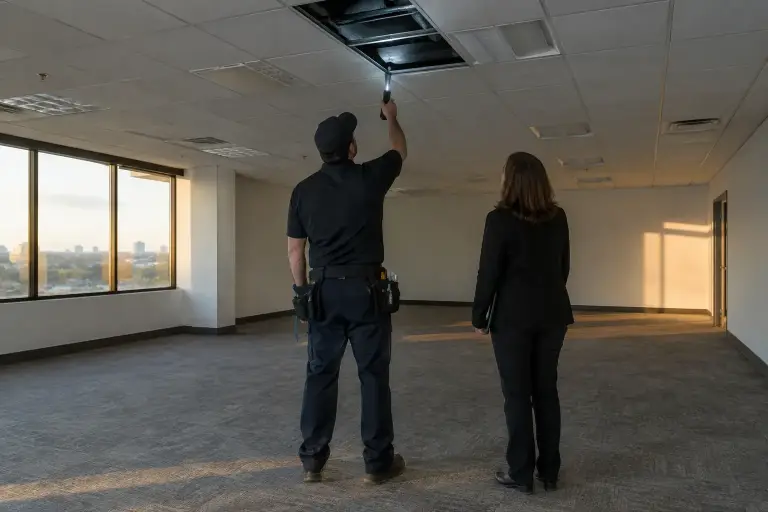 Two people looking up into an open ceiling with a flashlight during a walkthrough