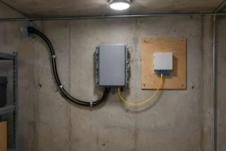 Outside fiber entering a basement wall into a fiber termination box