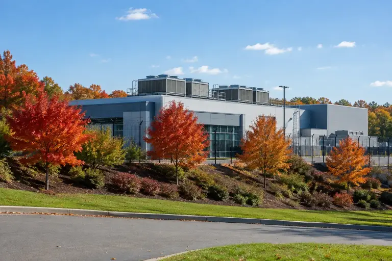 Low modern data center building behind a fence with autumn maples
