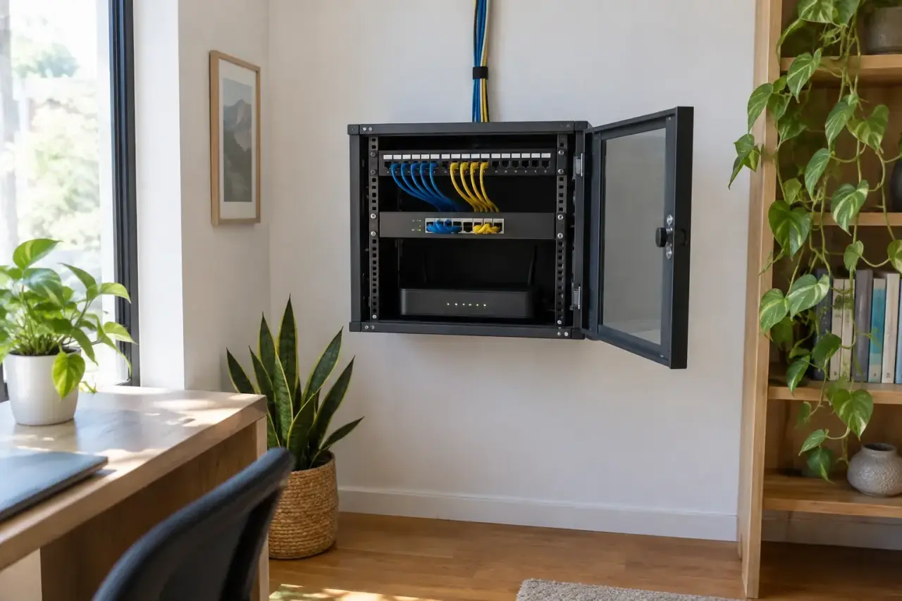 Small wall-mounted network cabinet open in a bright small office