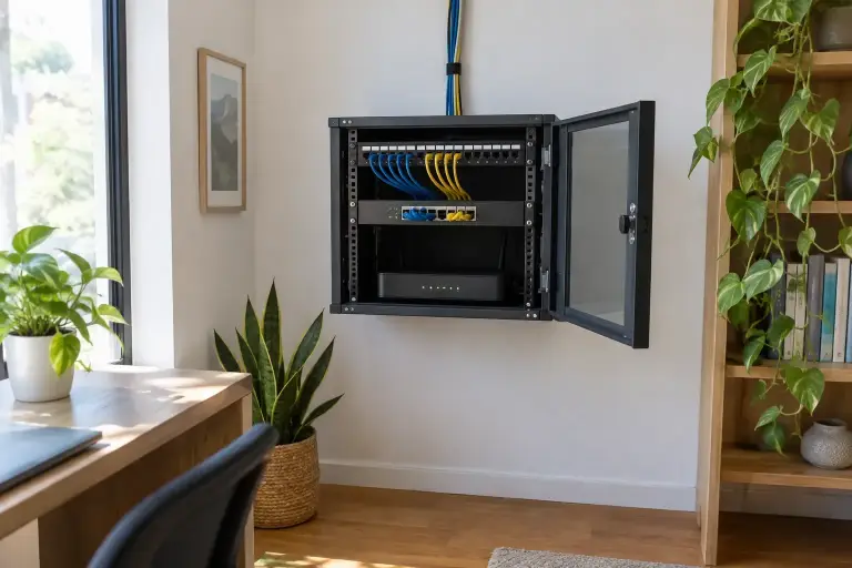 Small wall-mounted network cabinet open in a bright small office
