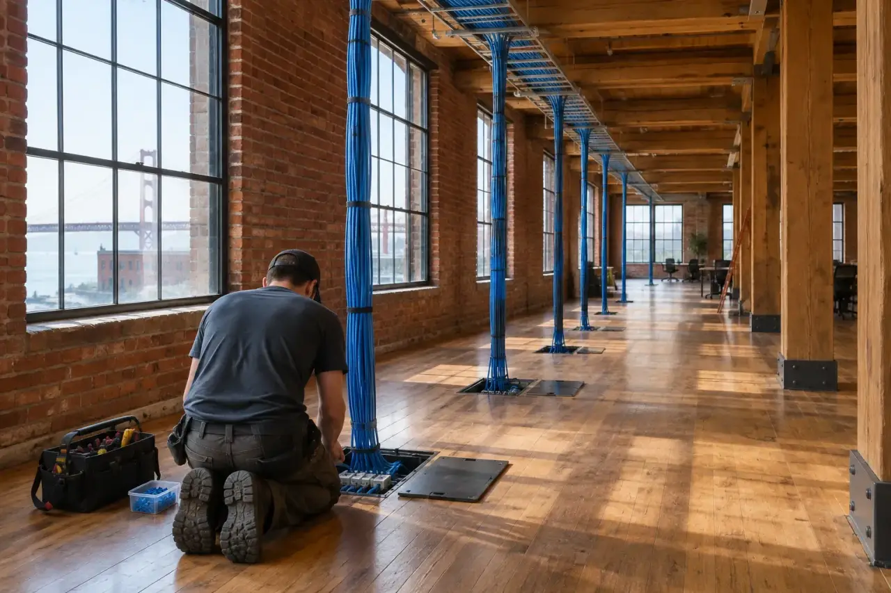 Blue cable bundles dropping from overhead rack to floor boxes in a timber loft office