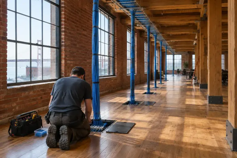Blue cable bundles dropping from overhead rack to floor boxes in a timber loft office