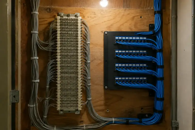 Old telephone punch-down block next to a modern network patch panel on a backboard