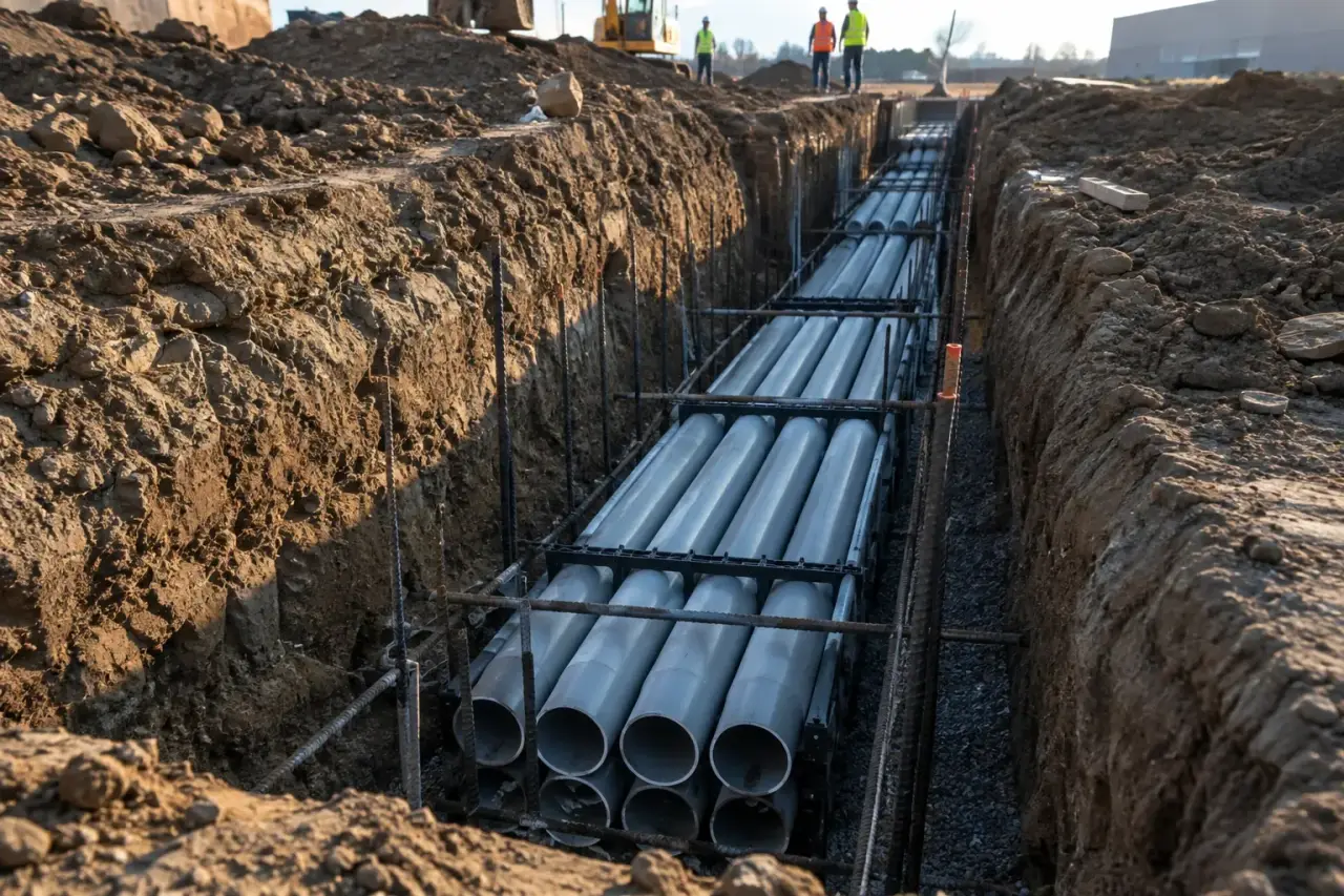 Gray PVC conduits stacked with spacers in a trench ready for concrete