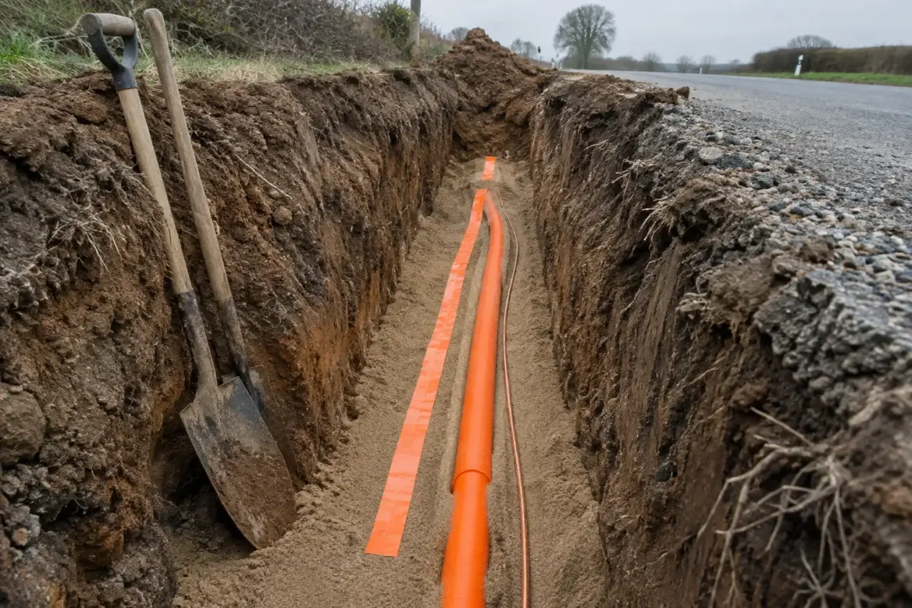Orange fiber conduit bedded in sand with tracer wire and marker tape in a trench