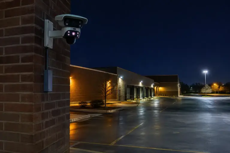 Multi-sensor camera on a brick building corner overlooking a lit lot at night