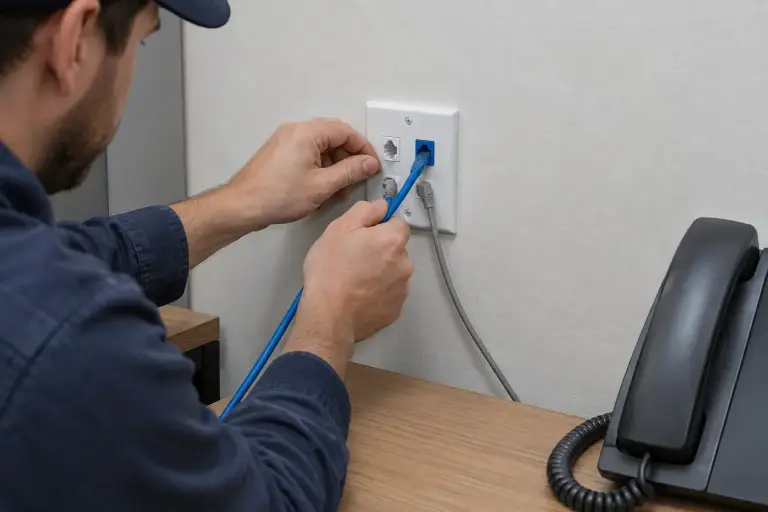 New wall outlet with two jacks feeding a desk phone and computer