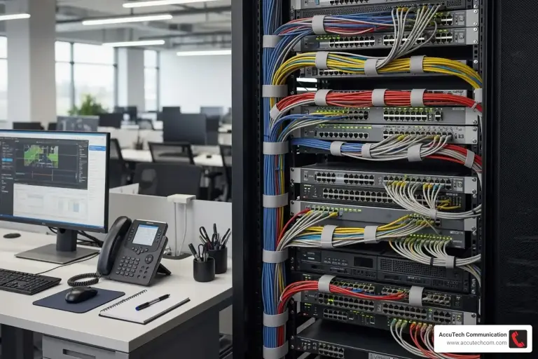Rack of switches with color-bundled cables beside an office desk with a desk phone