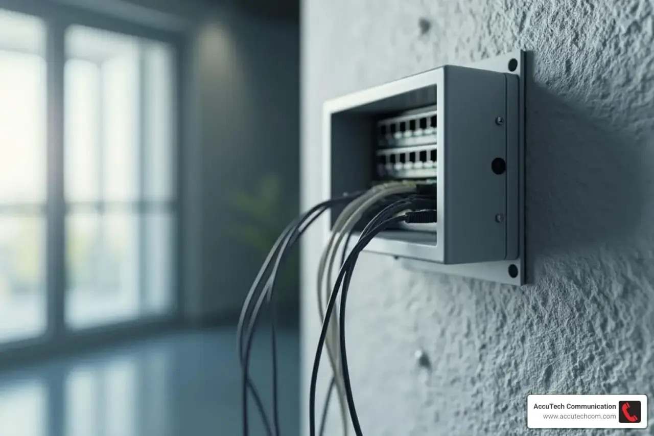 Wall-mounted metal box with network jacks and black and gray cables hanging out