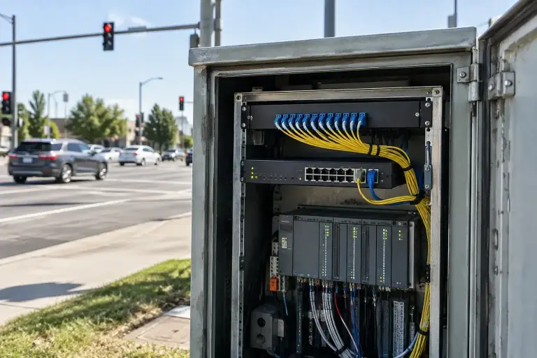 Open roadside traffic signal cabinet with yellow fiber jumpers and a network switch