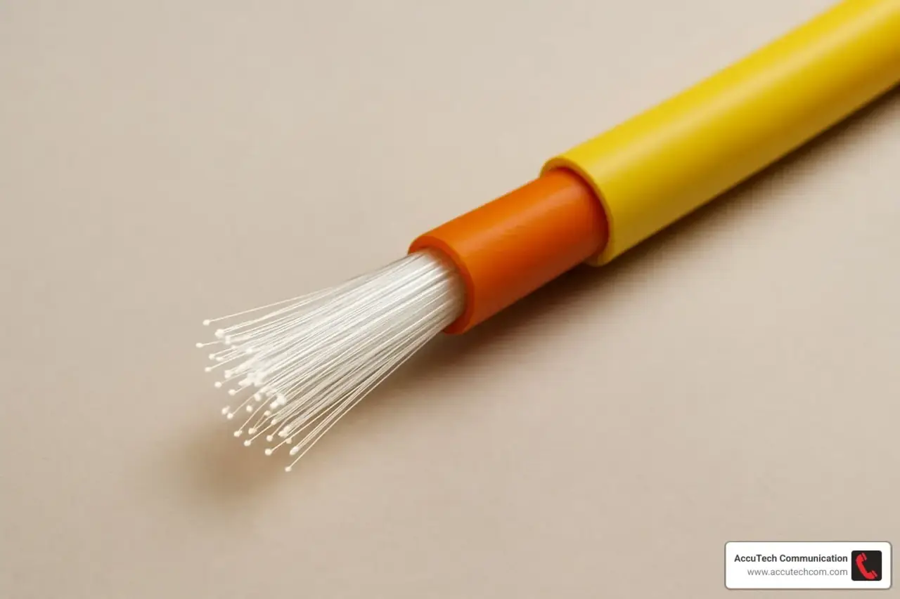 Cut end of a yellow cable with an orange inner tube and fanned-out glass fibers