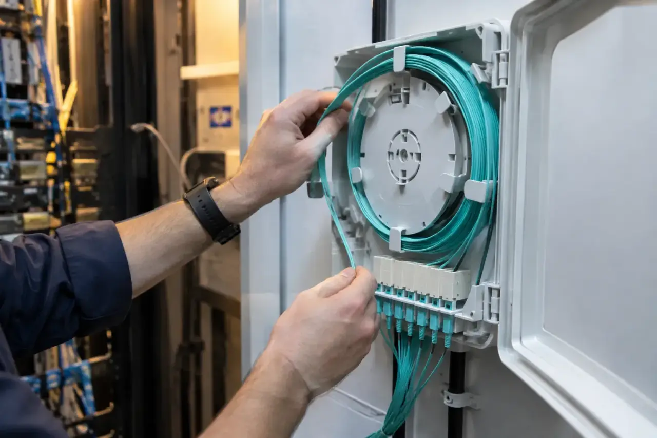 Hands coiling aqua fiber cable into a wall-mounted fiber enclosure