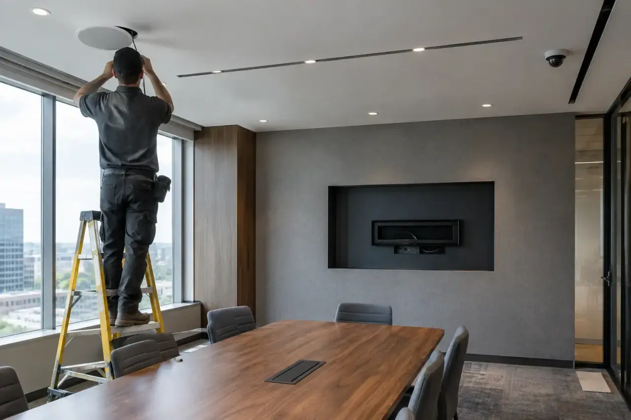 Technician on a ladder wiring a ceiling speaker in a conference room