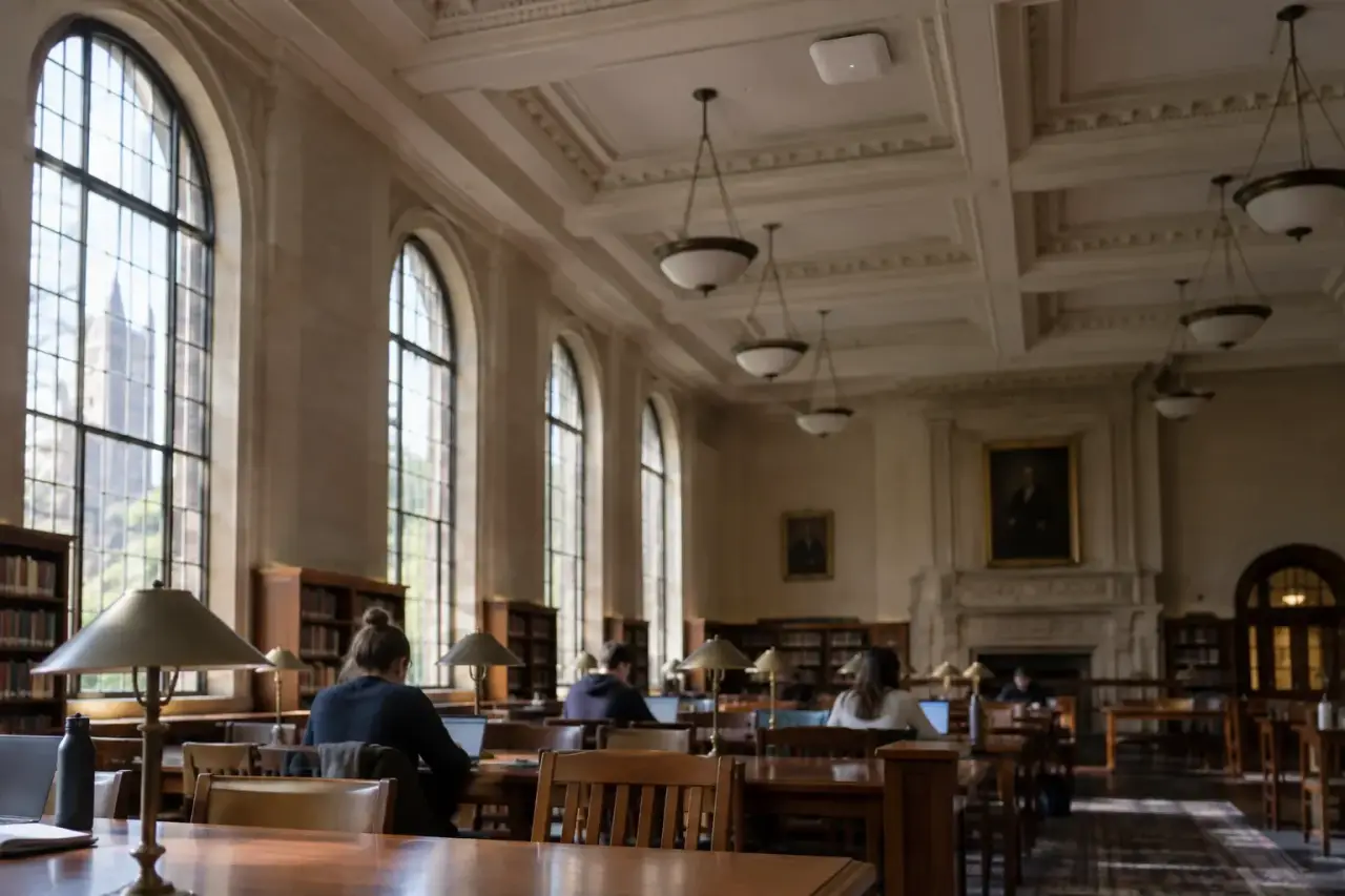 Wireless access point on the ceiling of a university library reading room