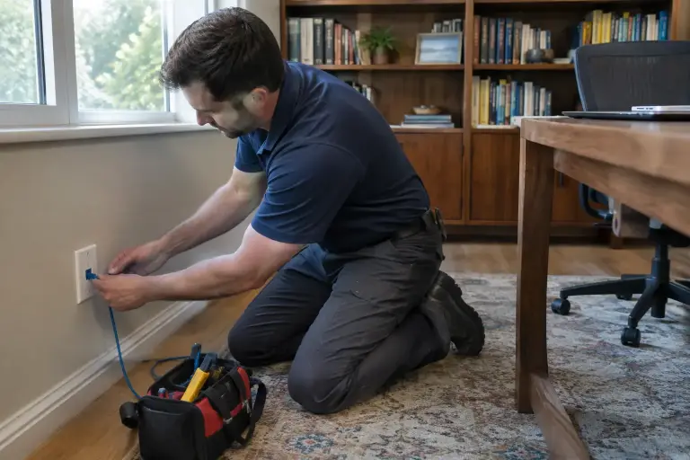 Technician kneeling to fit a data jack into a wall plate in a small office